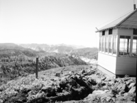 The fire lookout on Lava Point, Building 139 and view from point.