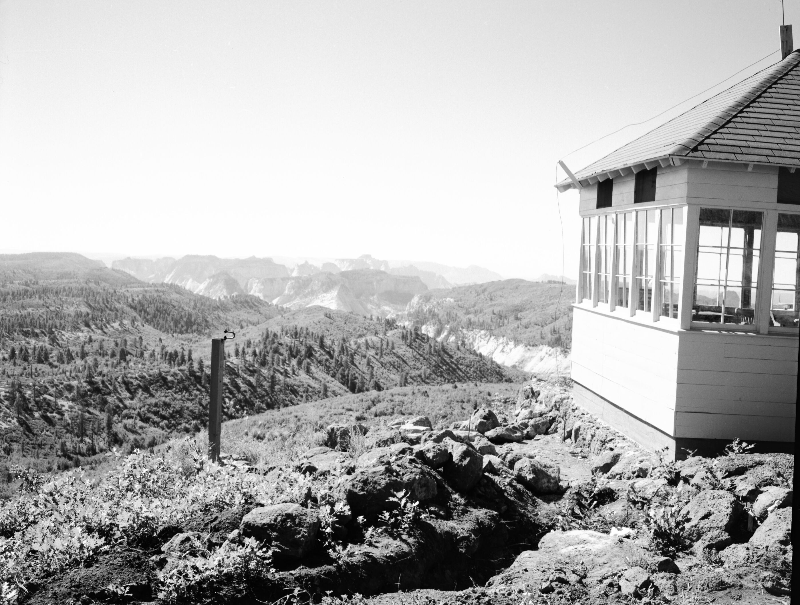 The fire lookout on Lava Point, Building 139 and view from point.