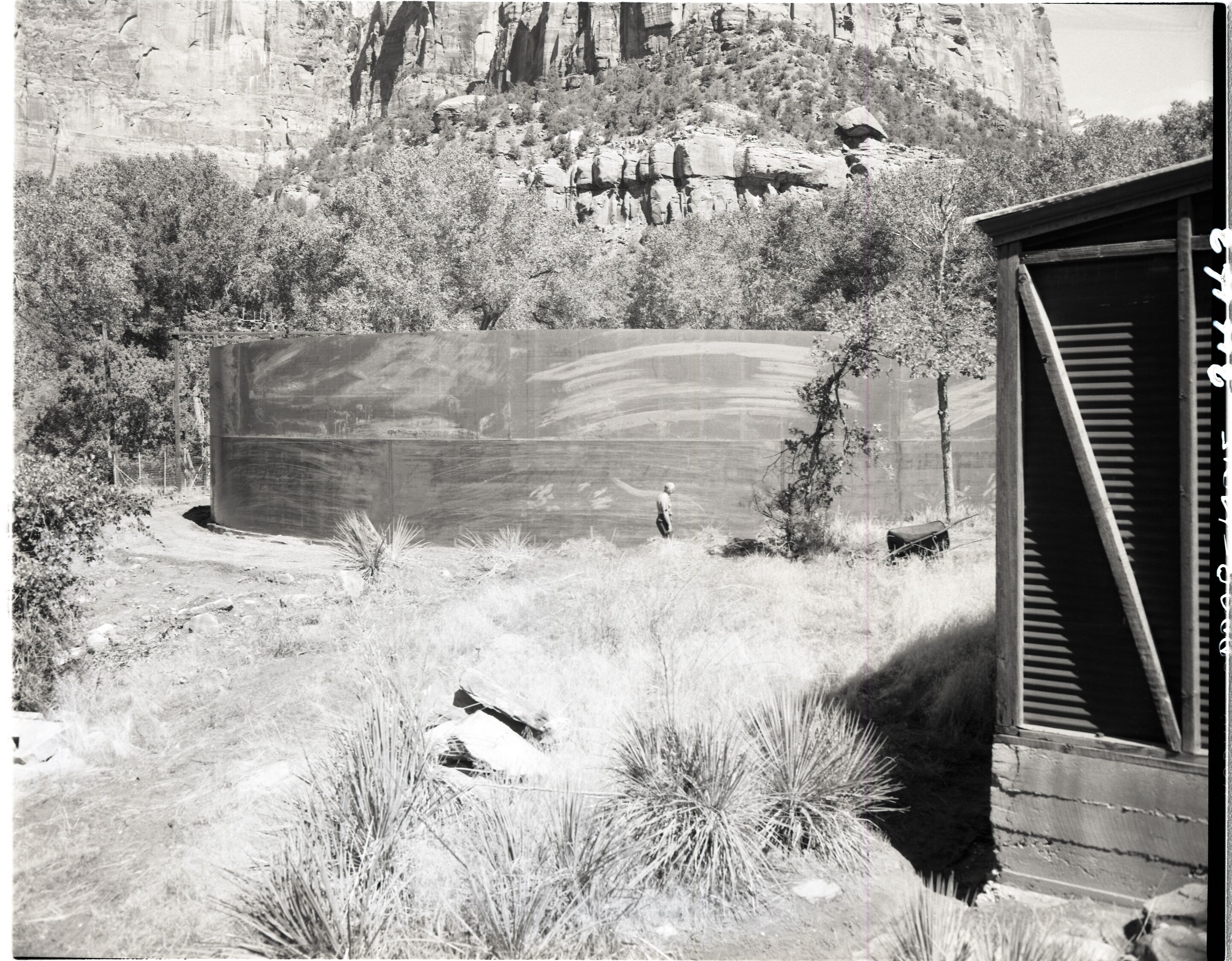 Construction of million gallon water tank, second tier of steel walls in place but not welded.