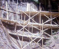Scaffolding construction and use at the Temple of Sinawava during a spring project.