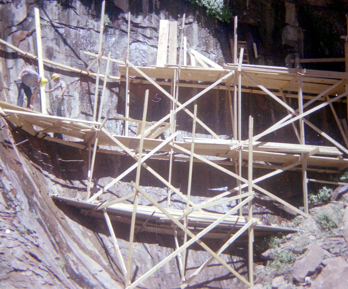 Scaffolding construction and use at the Temple of Sinawava during a spring project.