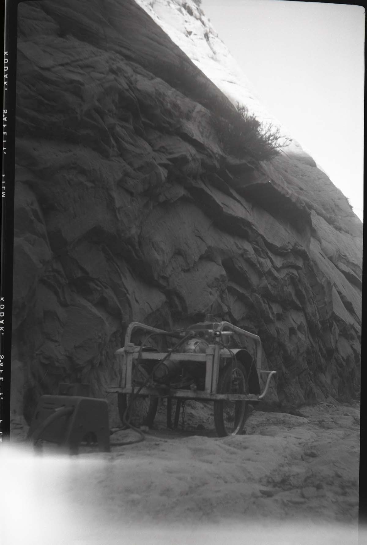 Maintenance equipment used on West Rim Trail construction project near ranger cabin and White Ledges.