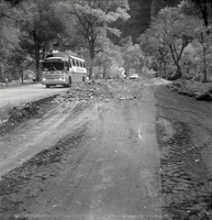 Shuttle bus driving alongside road work long the scenic canyon drive near the Grotto.