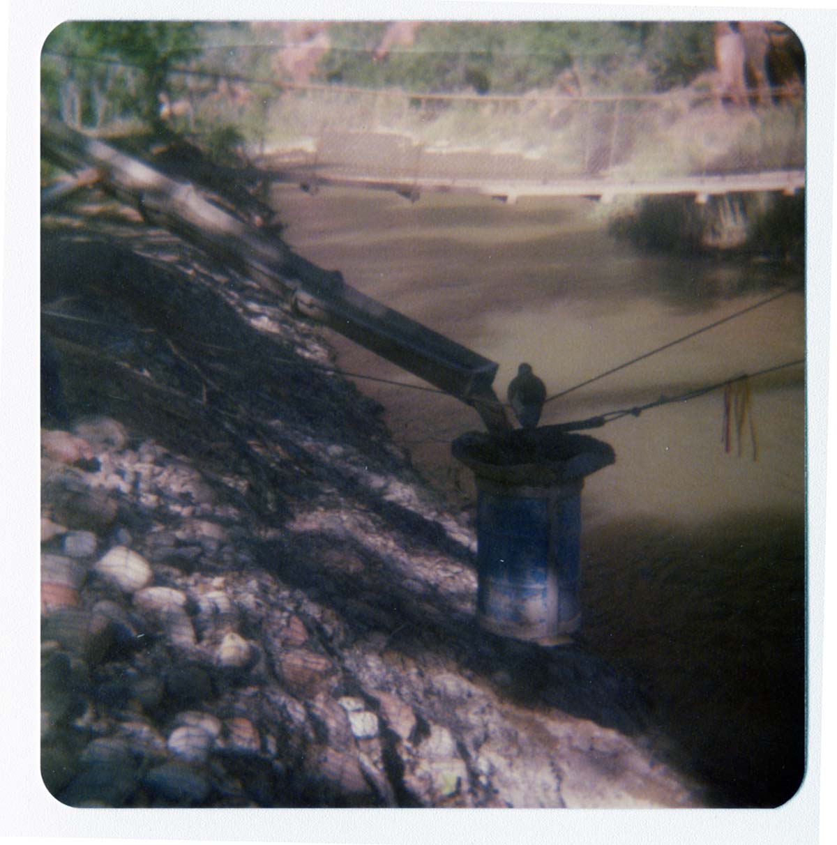 Cement pouring from chute into mold for abutment for the new Grotto footbridge. Old suspension bridge visible in background. Note revetments along riverbank.