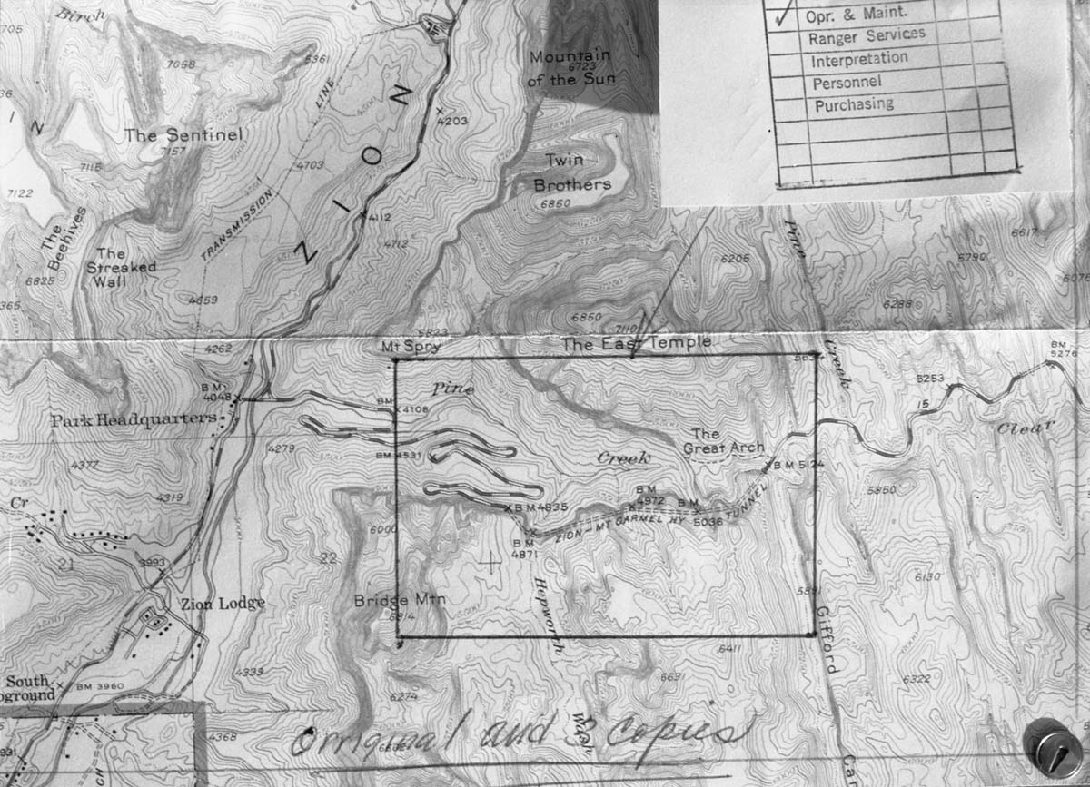 Copy of topo map, Zion-Mt. Carmel Highway switchback section, enlarged for geologic study of mass wasting (slope movement).