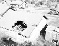 Rock slide of November 23, 1947, utility yard (Oak Creek maintenance area) hole in shed from 40-ton rock. Pickup visible thru hole in roof ( pickup had only been driven 100 miles). Damaged low boy trailer and 880-ton rock landed on top of vehicle from Big Bend National Park. Large boulders also landed in Oak Creek, 1000 feet from the ledge.