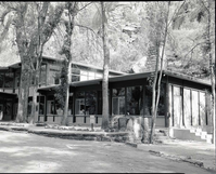 Reconstructed lodge after burning down on January 28, 1966. Auditorium foreground, lobby (lower level) dining room (upper level).