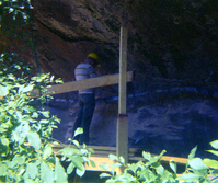 Scaffolding construction and use at the Temple of Sinawava during a spring project.