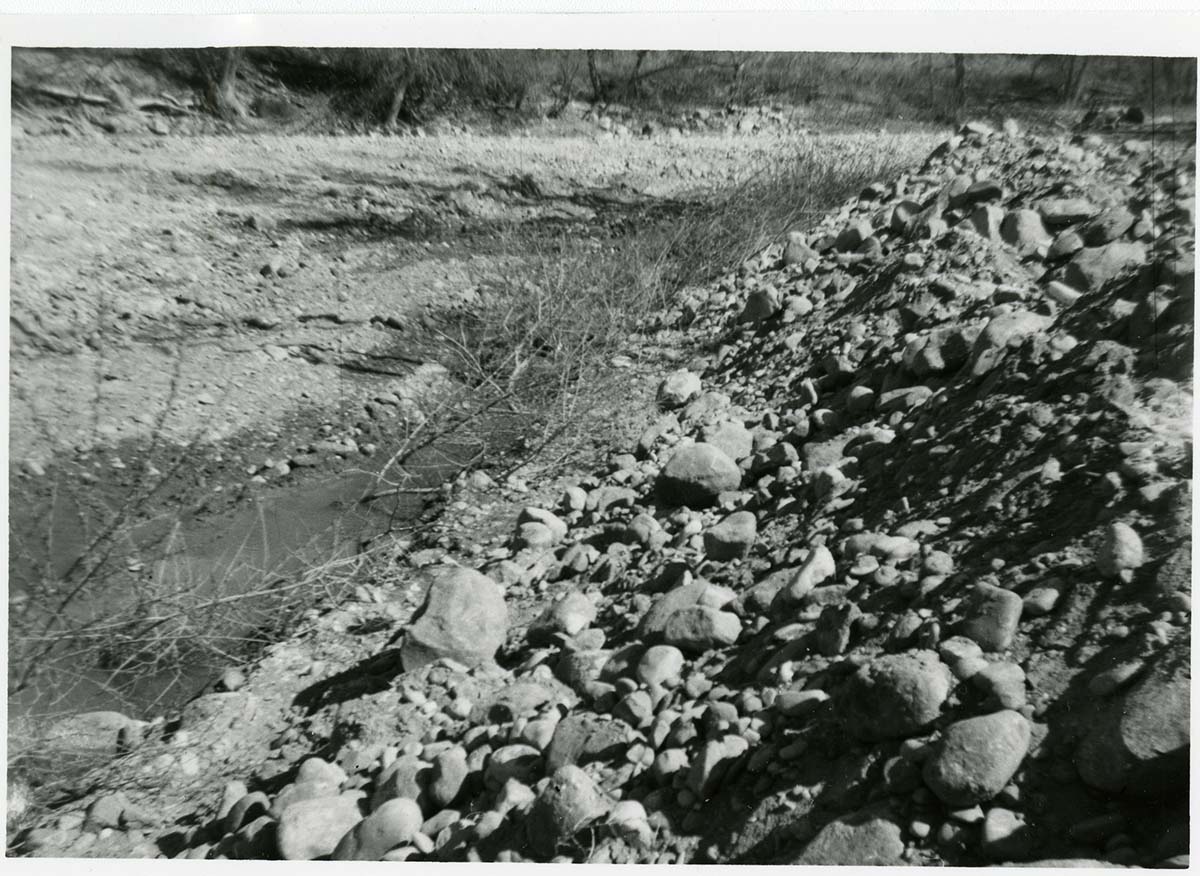 BW photo of the construction/modification of the Canyon Junction Spillway on the Virgin River.