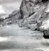BW photo of rock slide near Echo Rock - 2.5" x 2.5".