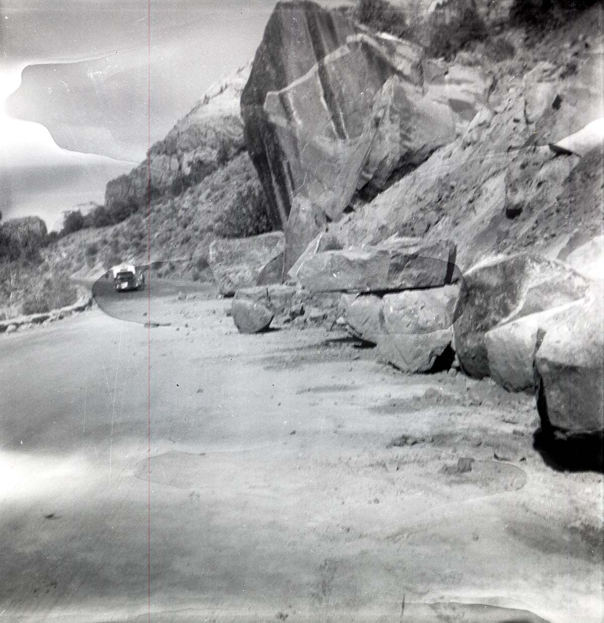 BW photo of rock slide near Echo Rock - 2.5" x 2.5".