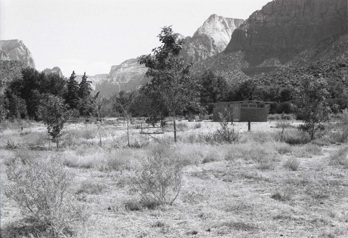 Watchman Campground with the bathroom facility on the right.