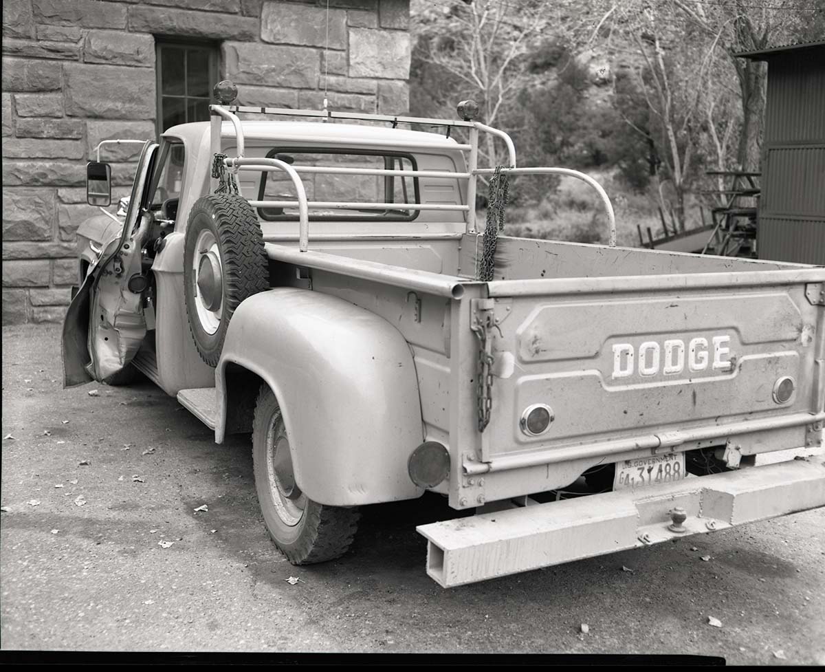 Accident between park pickup and visitor in Zion-Mt. Carmel Highway tunnel view of pickup.
