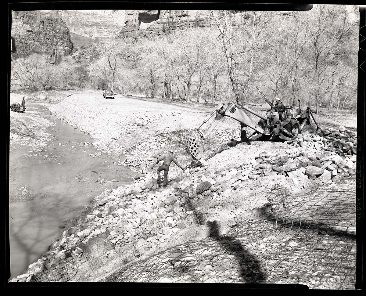 BW photos of the Virgin River Channelization Project near the Zion Lodge.