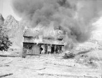 Fire prevention training; demonstration for students of Springdale school. Burning of old Justet home adjacent to Springdale school.