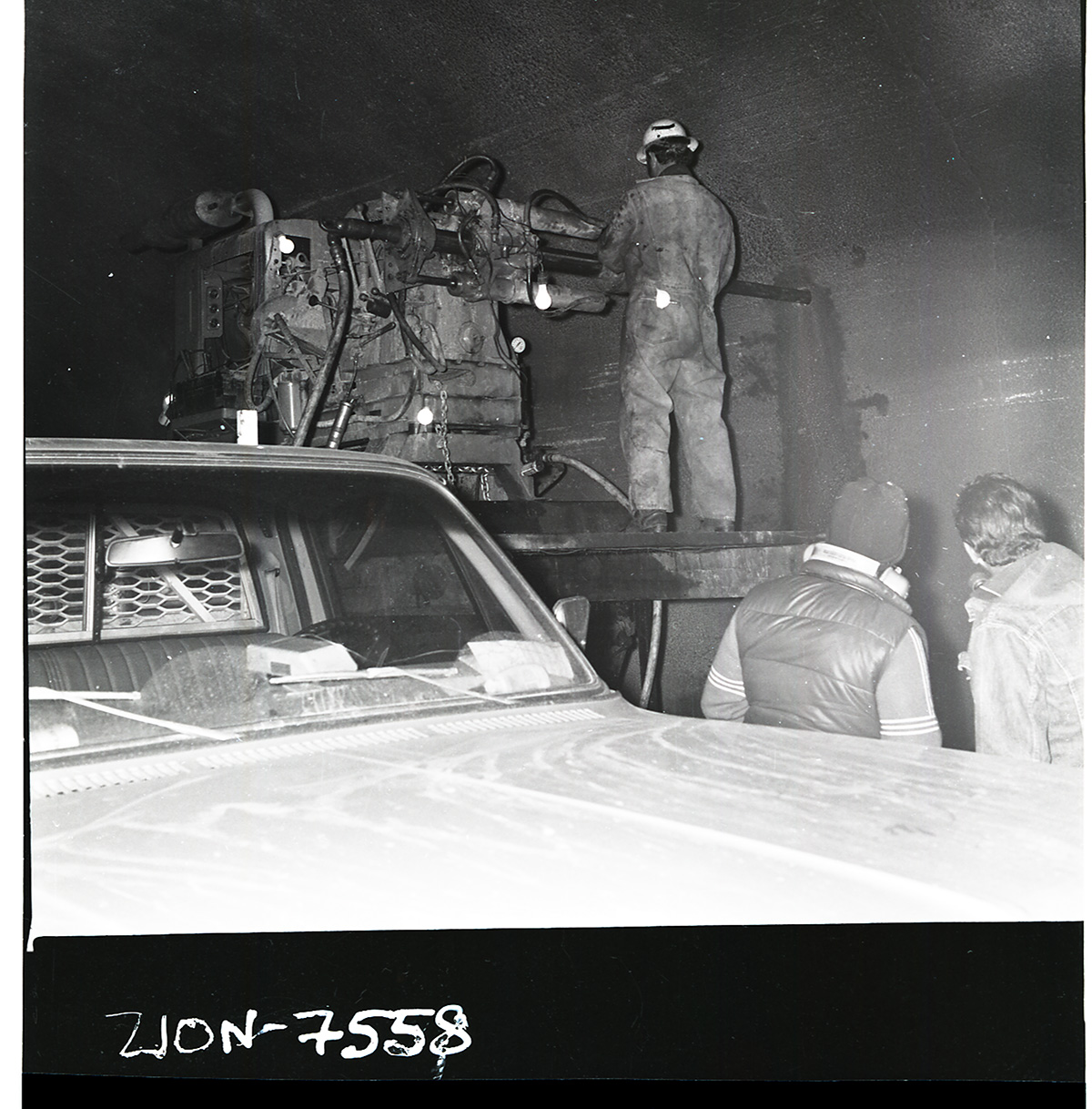 Machinery and crews drilling test cores in Zion-Mt. Carmel tunnel.