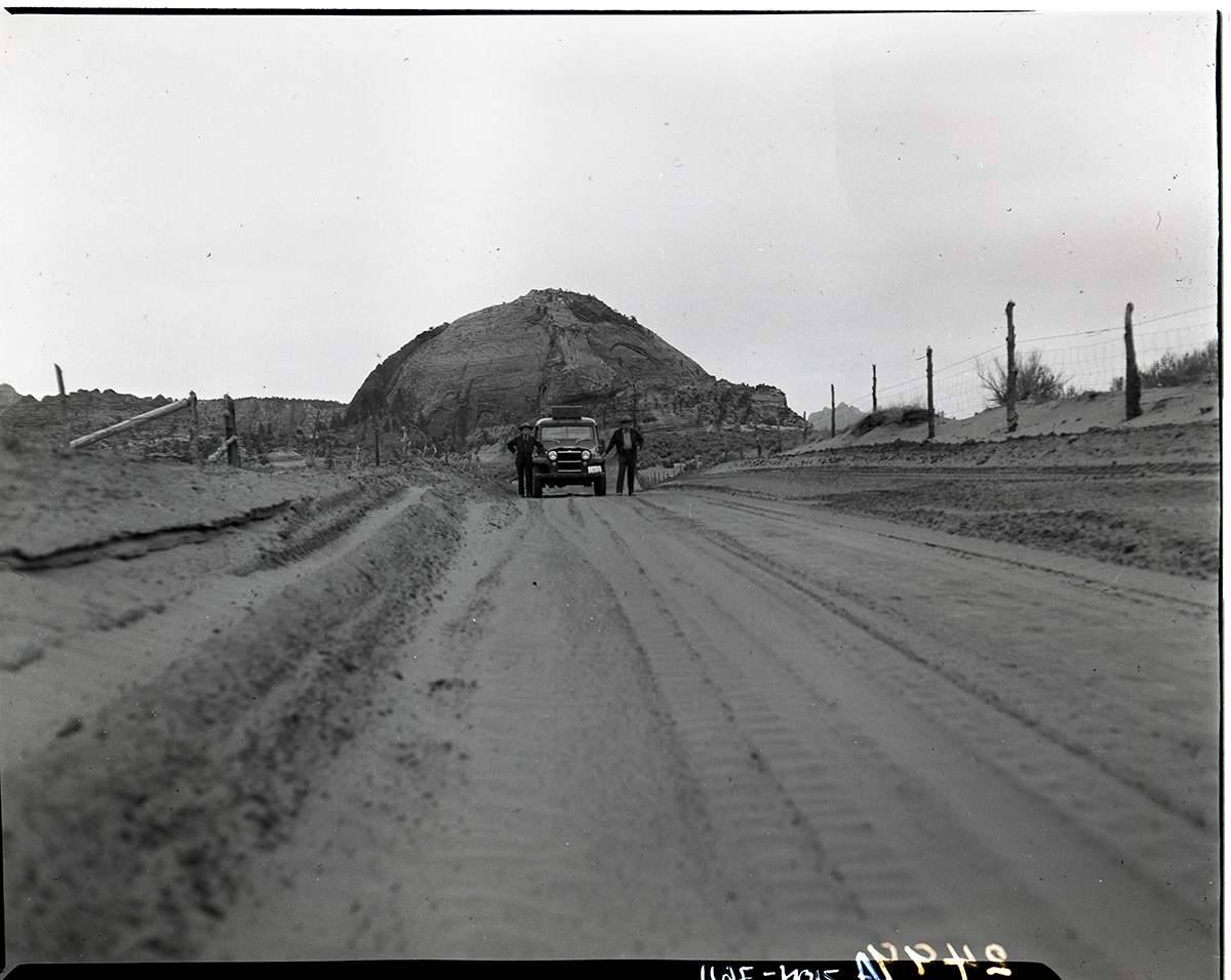 Wind-blown sands blocking Kolob Terrace road near the Tabernacle Dome.