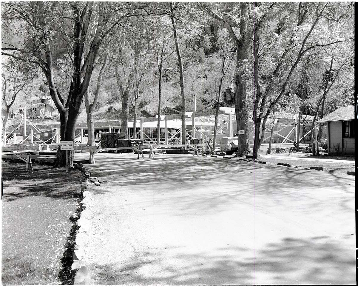 Rebuilding Zion Lodge after fire of January 28, 1966- beginning of walls and beams of recreation hall.