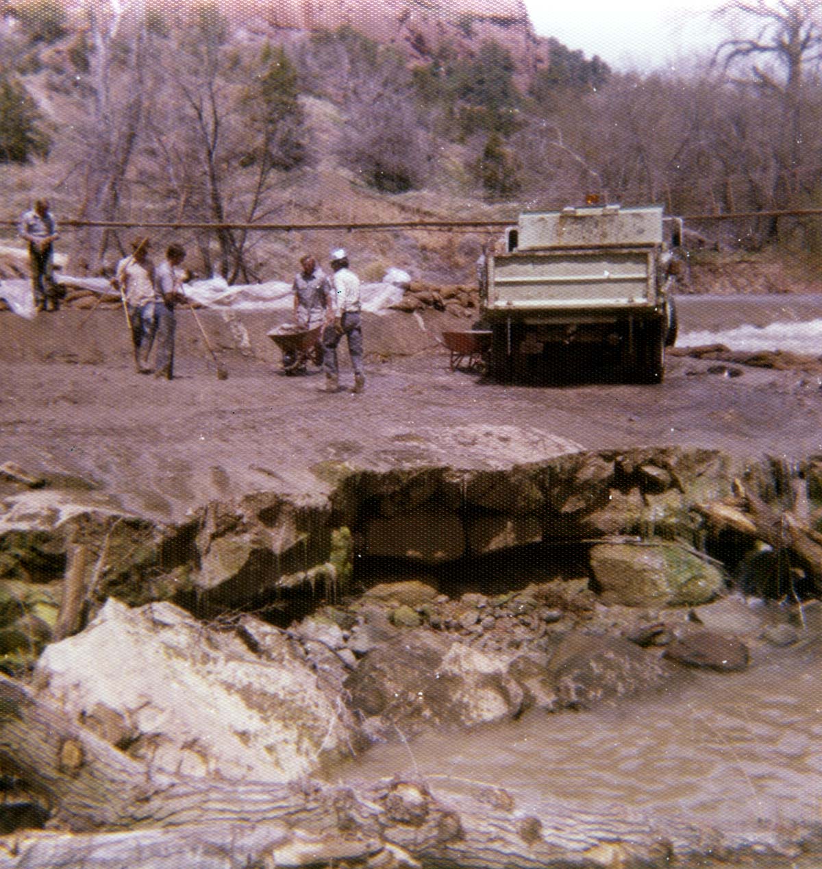 Color photo of the Virgin River channel stabilization and construction of the spillway near Birch Creek.