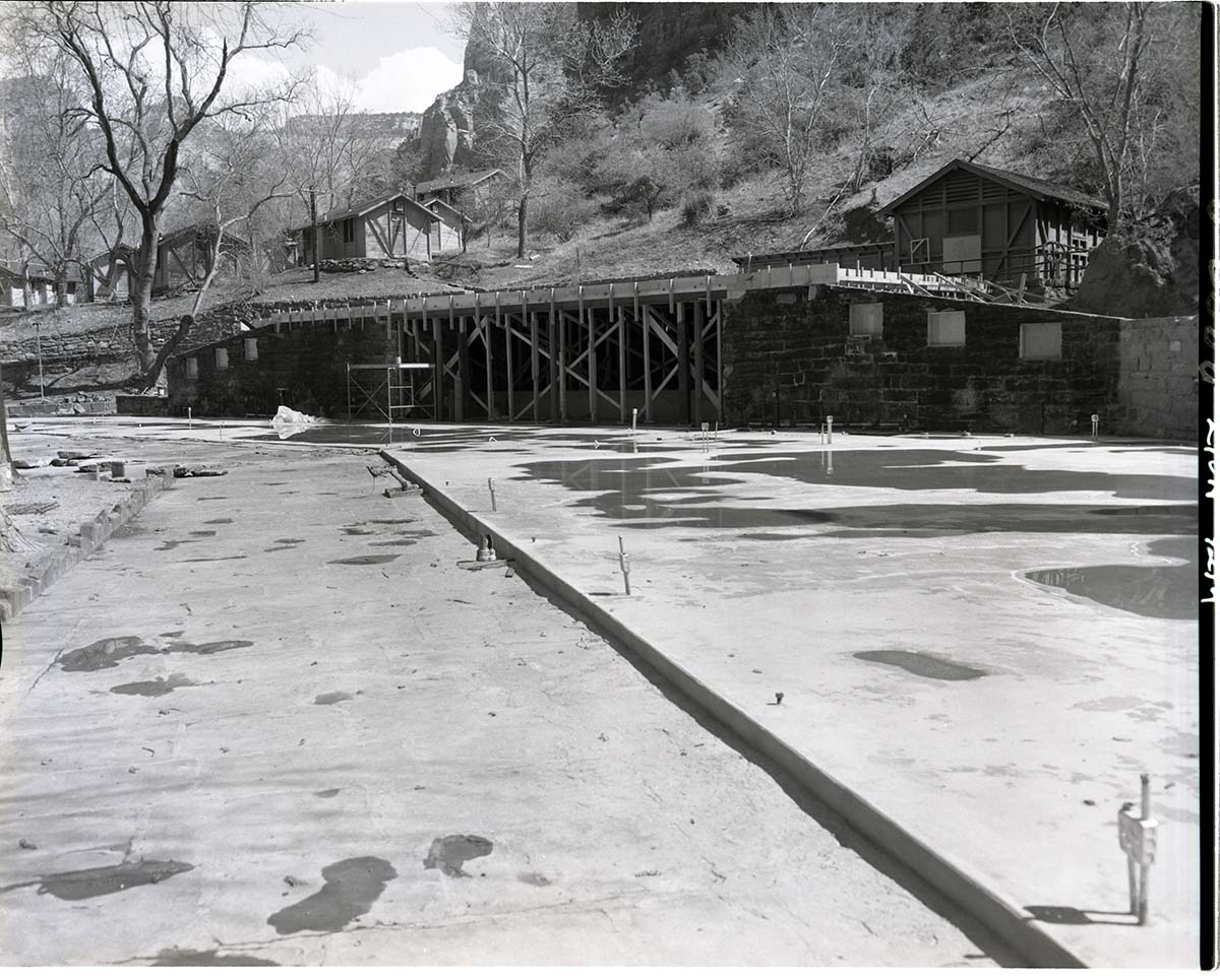 Restoration of Zion Lodge after its destruction by fire January 28, 1966.