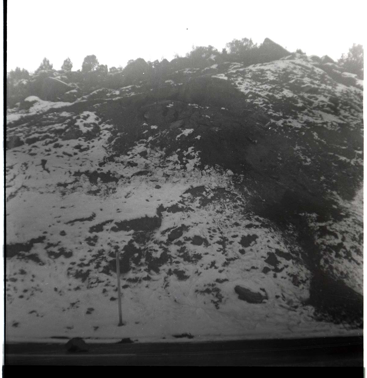 BW photo of rock slide near Echo Rock - 2.5" x 2.5".