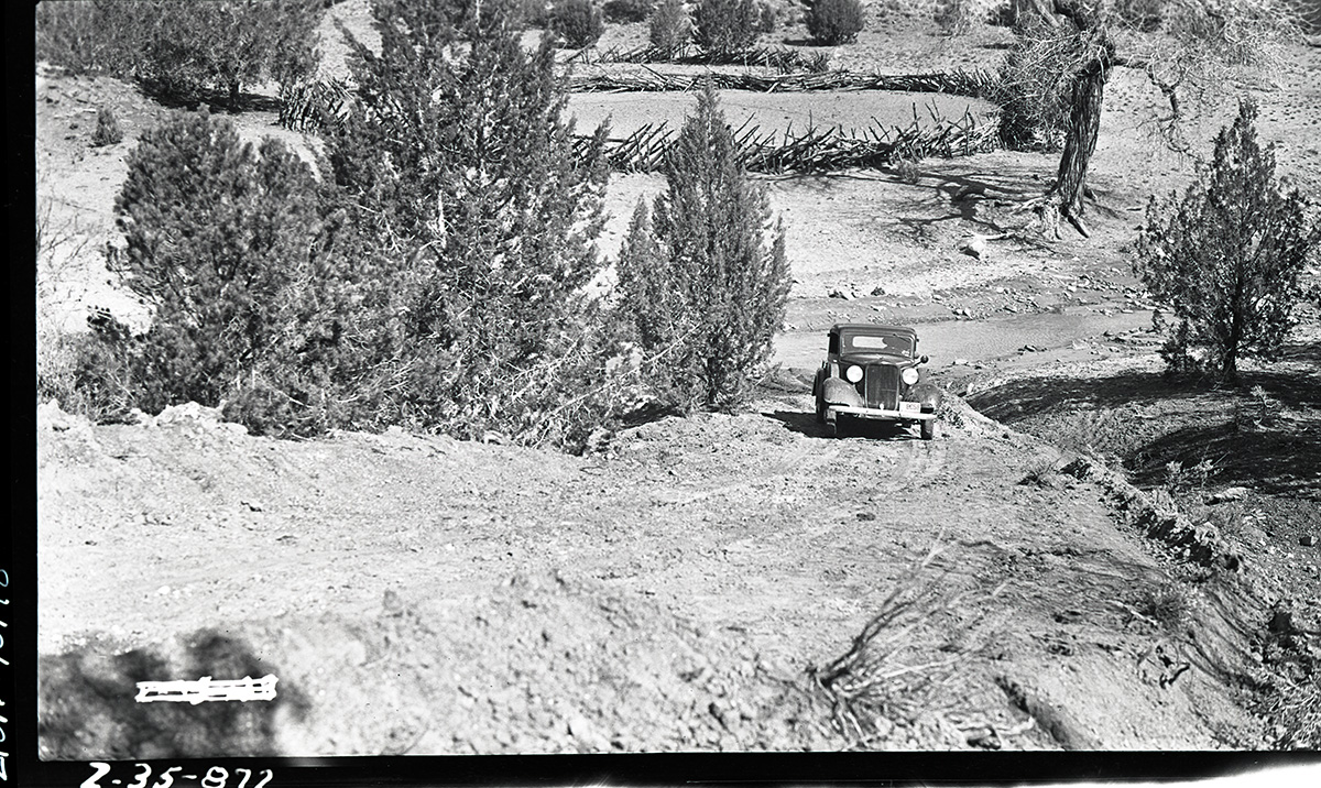 Truck trail to petrified forest area and west boundary, corral in Coal pits Wash. [Chinle Trail]