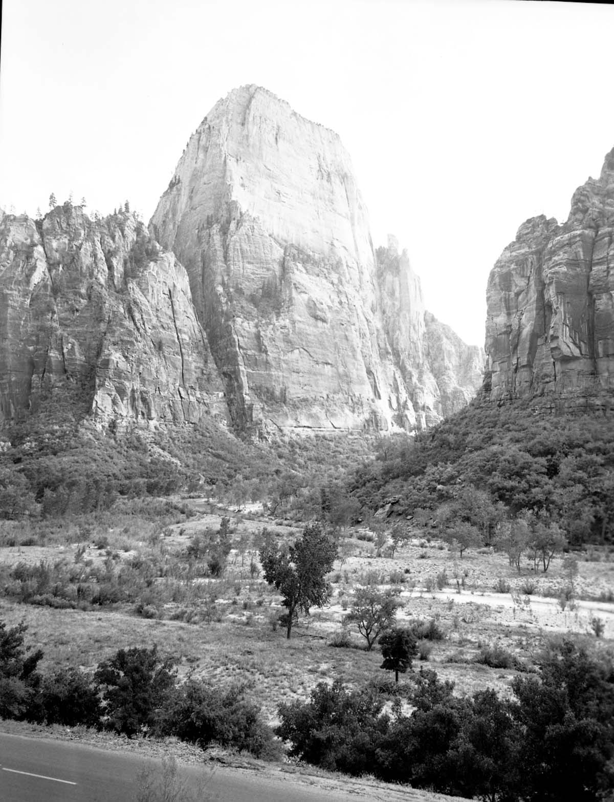 The Great White Throne from across the canyon floor, road in foreground.