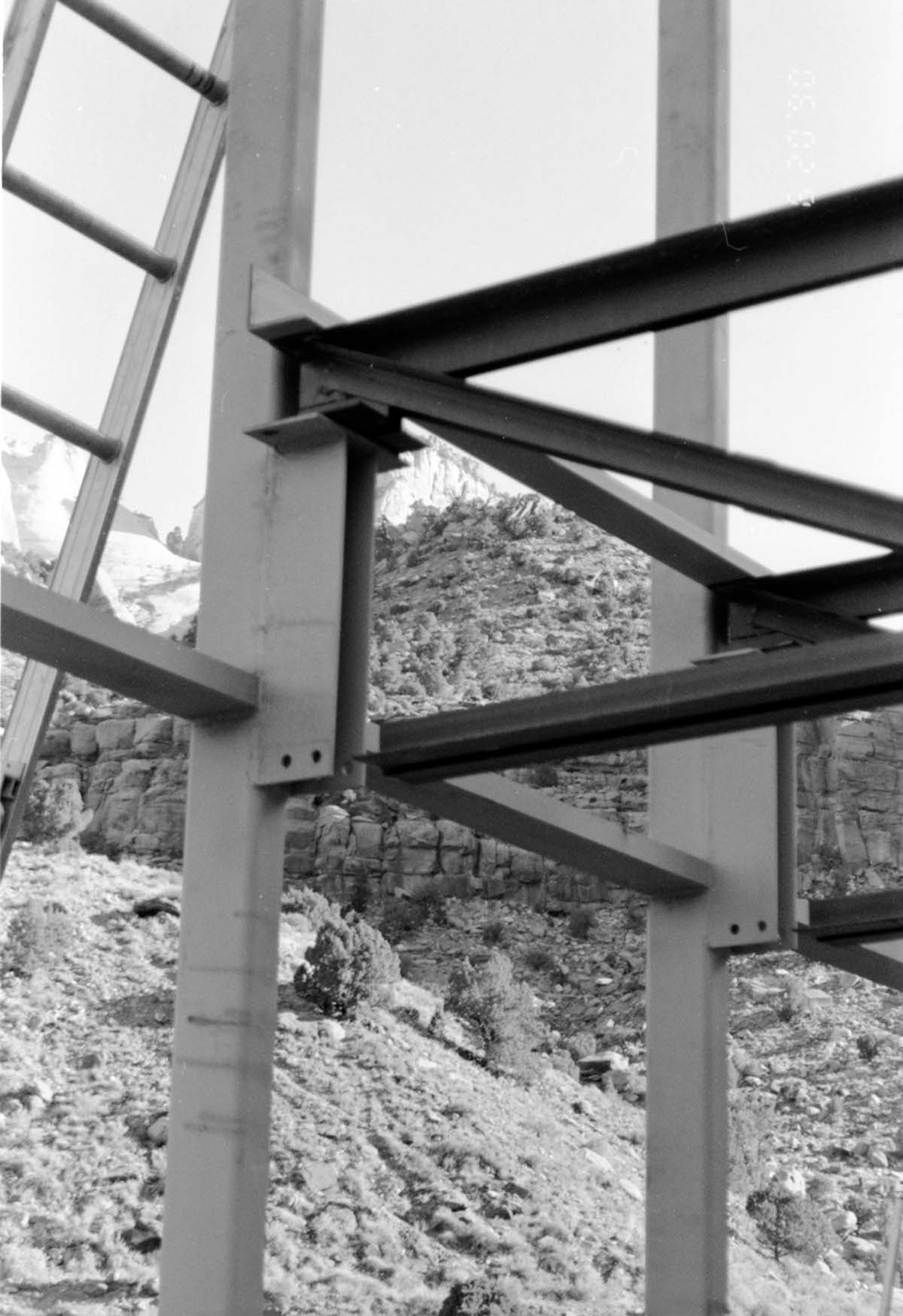 Close up of cross beams during construction of headquarters addition.