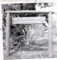 Sign reading 'Fire Guard Station, Zion National Park' in Kolob Canyon.