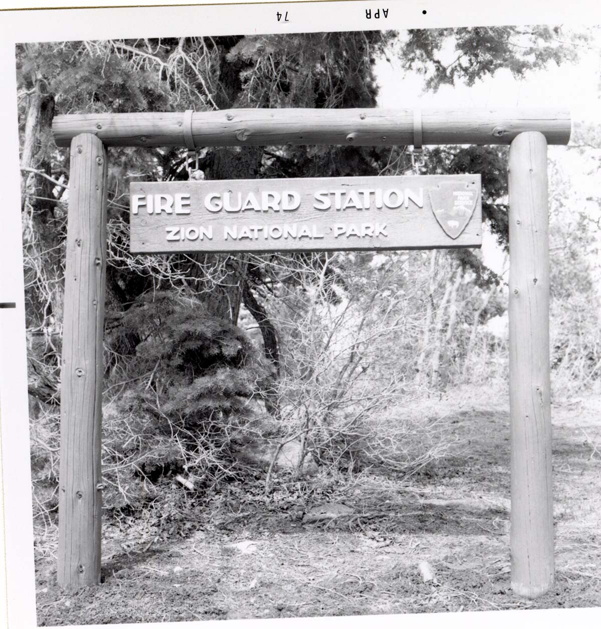 Sign reading 'Fire Guard Station, Zion National Park' in Kolob Canyon.