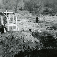 BW photo of the construction/modification of the Canyon Junction Spillway on the Virgin River.