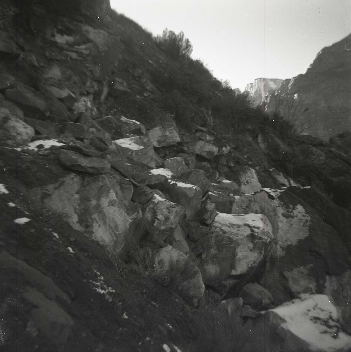 BW photo of rock slide near Echo Rock - 2.5" x 2.5".