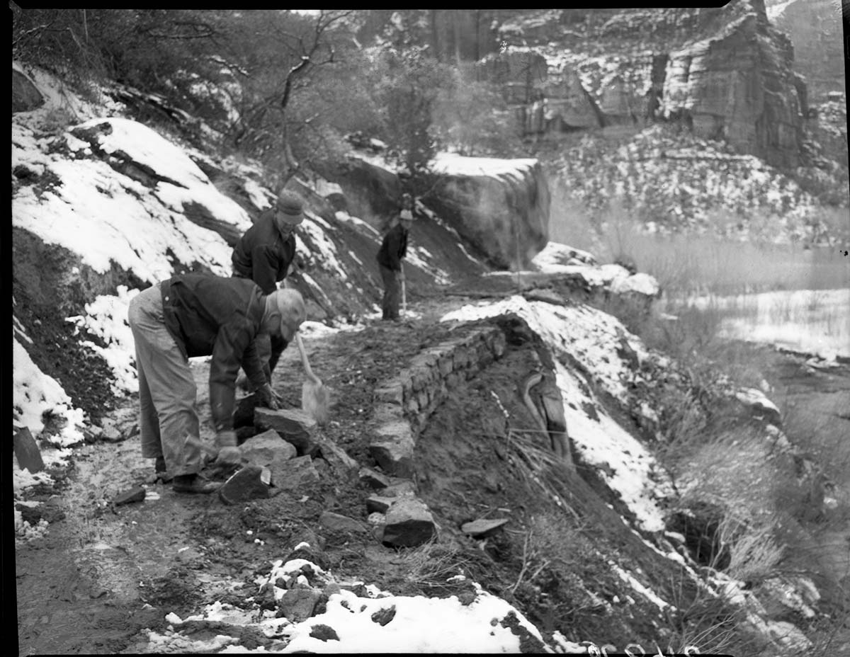 Trail repair on the stone work on West Rim Trail about a half mile from start of trail along Virgin River.