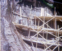 Scaffolding construction and use at the Temple of Sinawava during a spring project.