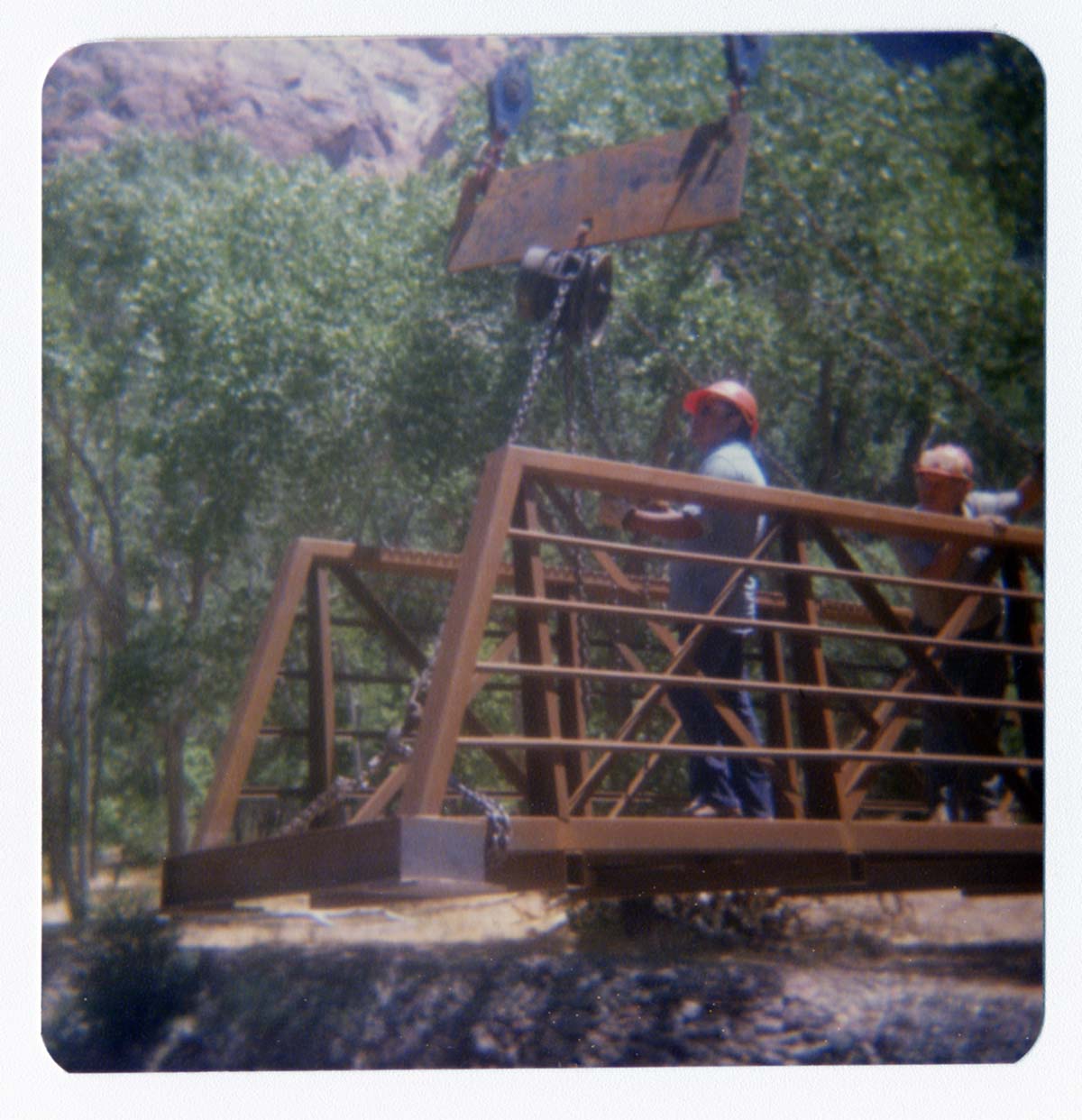 Workers during the arrival and emplacement of three new footbridges in Zion Canyon.
