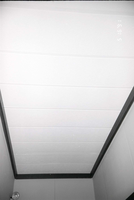 Ceiling at end of hallway in barracks, light fixture visible in corner. [Image possibly for comparative housing study]