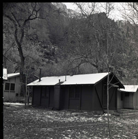 Snow covered cabins at Zion Lodge, photo used for 1975 Environmental Impact Statement (EIS).