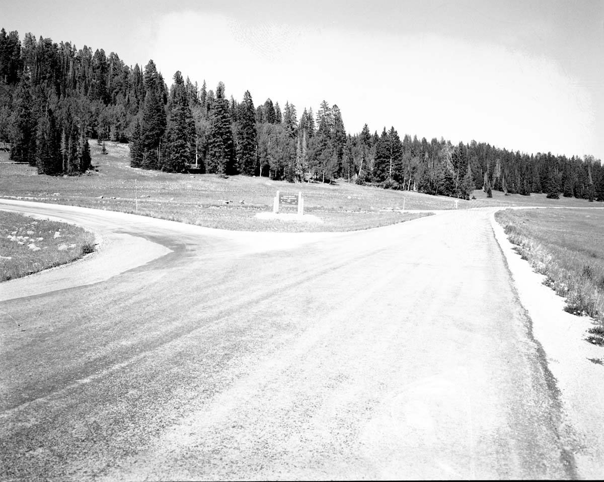 General location of new Cedar Breaks National Monument road sign at 'Y' junction with Utah State Route 14 (SR-14).