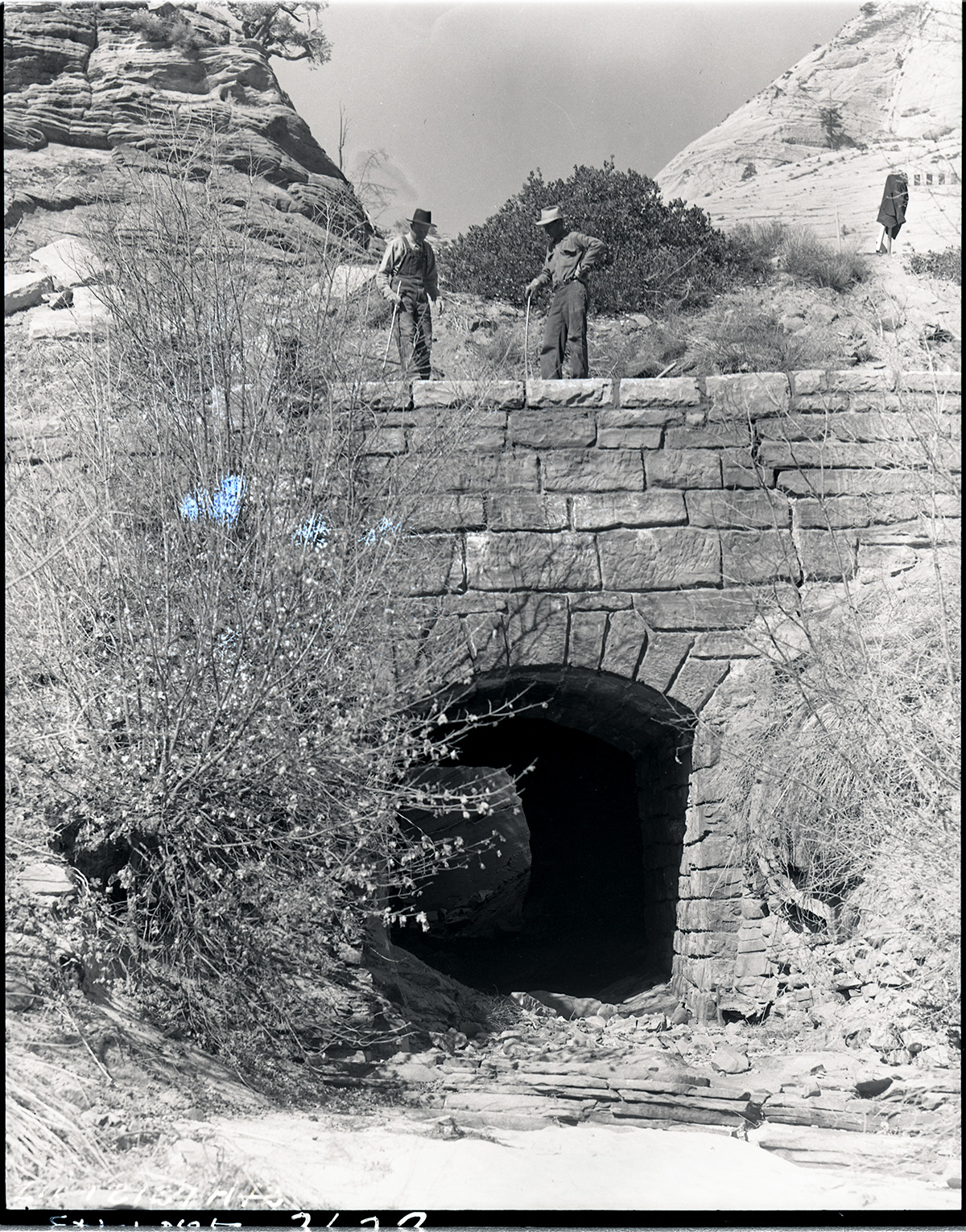 Rock culvert drainage, about 3/4 mile east of small tunnel with capstones in place.