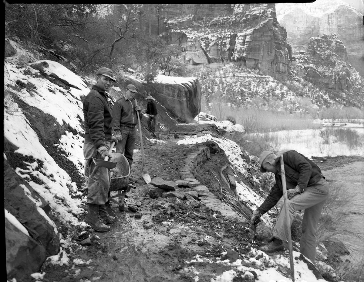 Trail repair on the stone work on West Rim Trail, near start of trail along Virgin River.