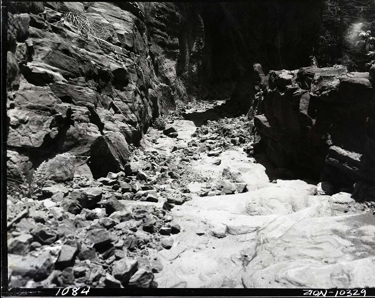 Damage done by storm of July 25, 1954 to West Rim Trail. Looking down on trail just below Walter's Wiggles.