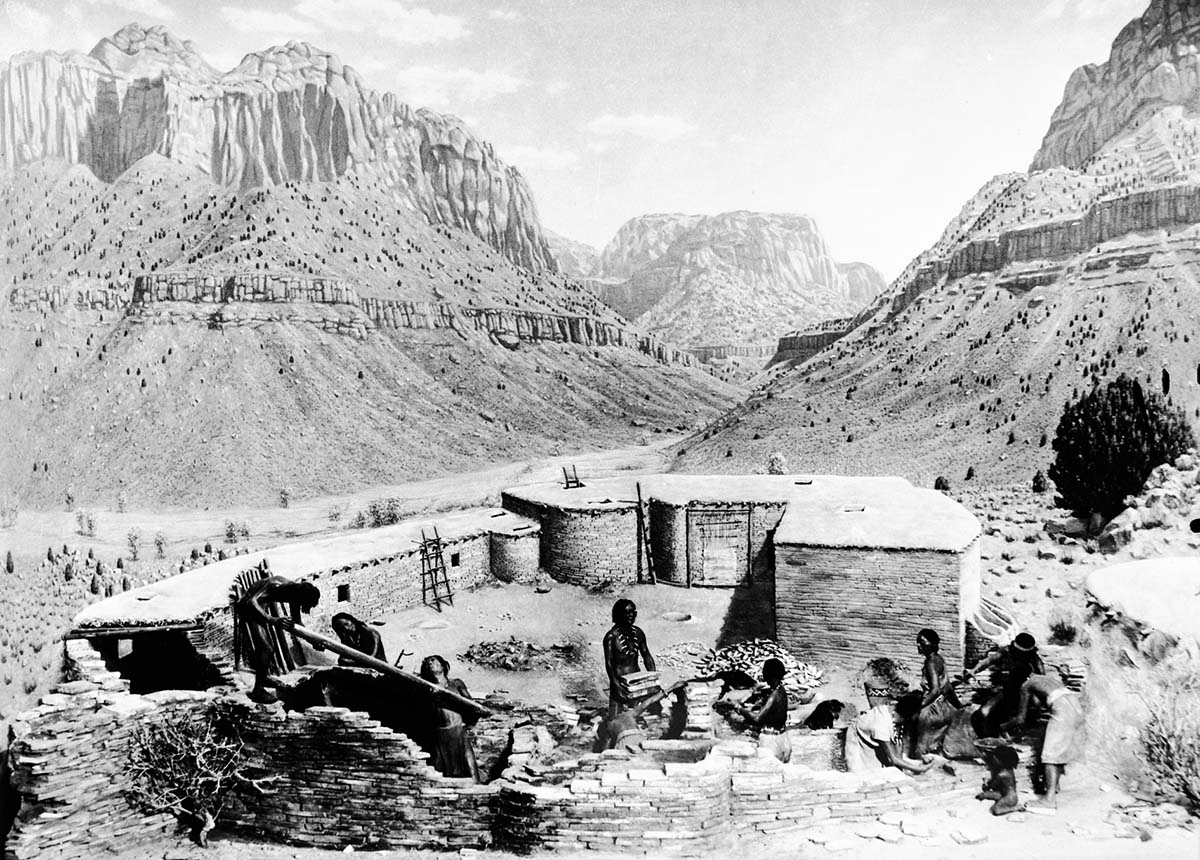 Diorama of Pueblo activity in Zion Canyon. Diorama displayed in the Zion National Park Mission 66 Visitor Center and Museum until 2000. Moved to Pipe Spring National Monument for display in their new museum which opened June 2003.