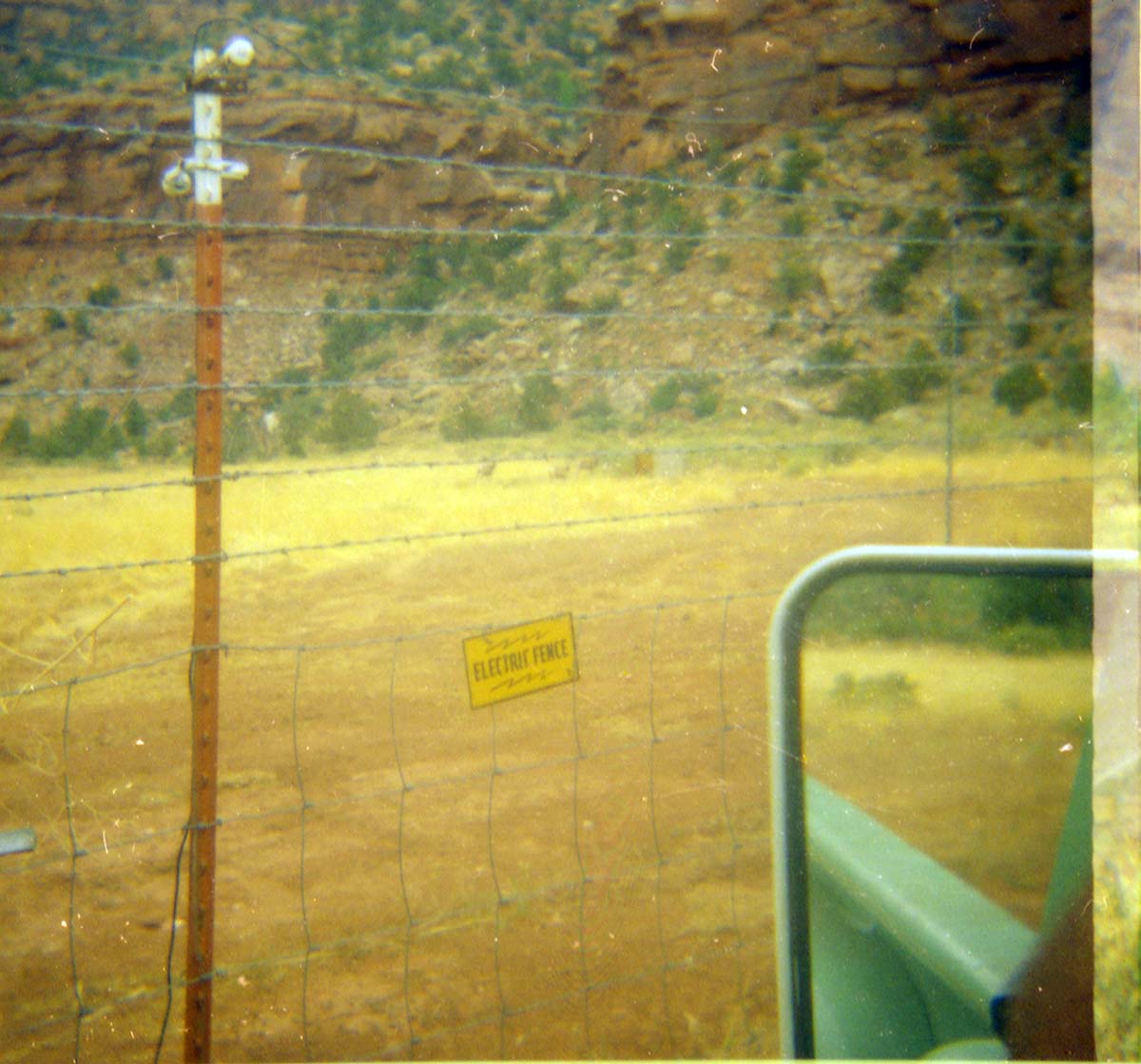 Electric fence along roadside, rearview mirror in edge of frame.