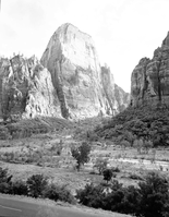 The Great White Throne from across the canyon floor, road in foreground.