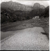 BW photo of rock slide near Echo Rock - 2.5" x 2.5".