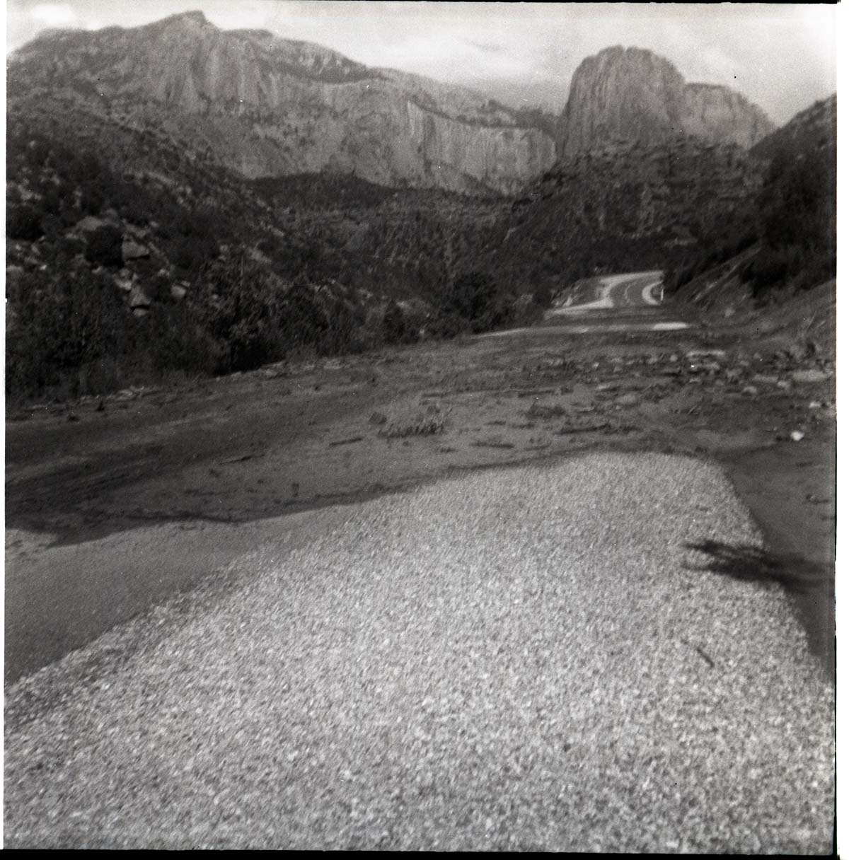 BW photo of rock slide near Echo Rock - 2.5" x 2.5".