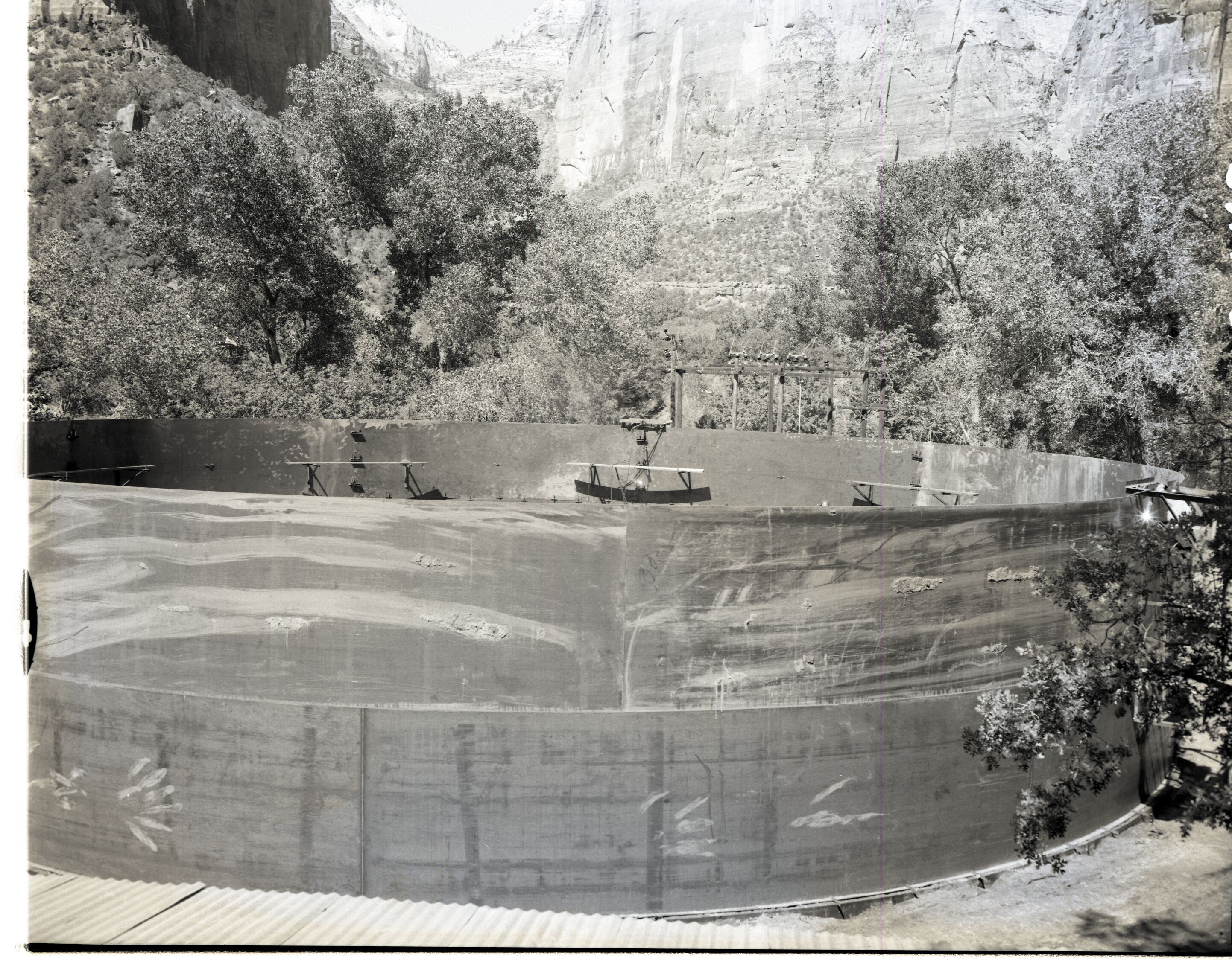 Construction of million gallon water tank at Birch Creek with second tier of walls in place.