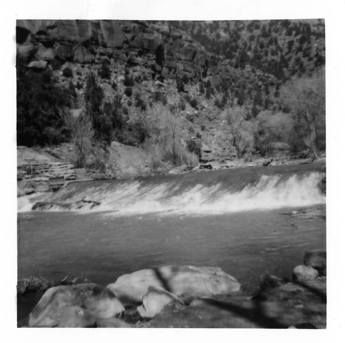 BW photo of the construction/modification of the Canyon Junction Spillway on the Virgin River.