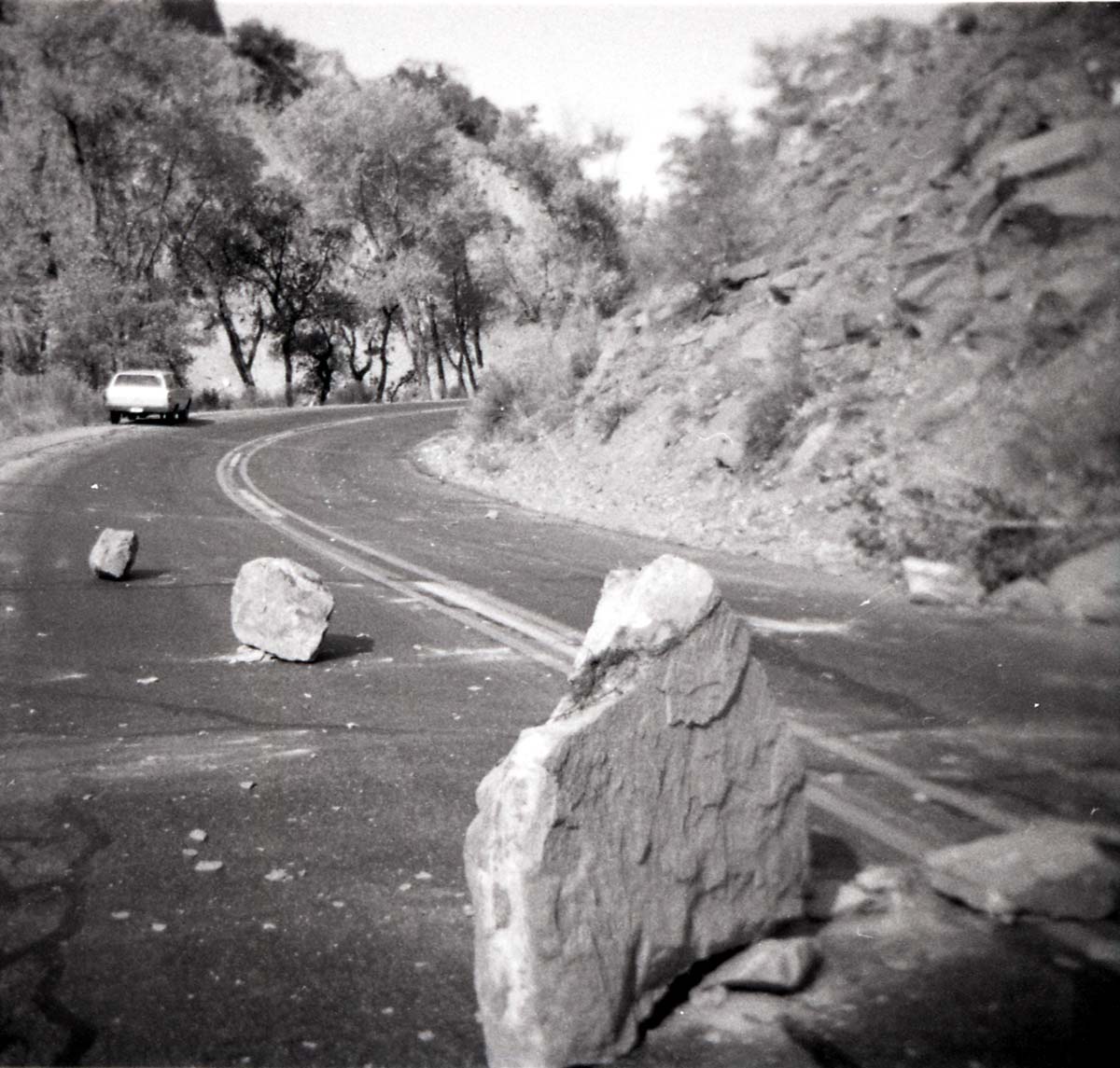 BW photo of rock slide near Echo Rock - 2.5" x 2.5".
