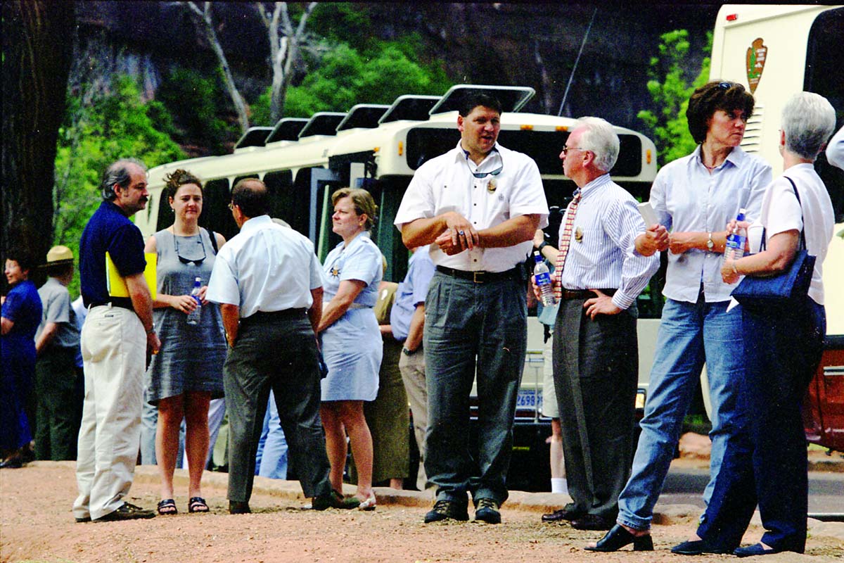 Color Photos of the official launch of the Zion shuttle system- same day as the new visitor center opening.